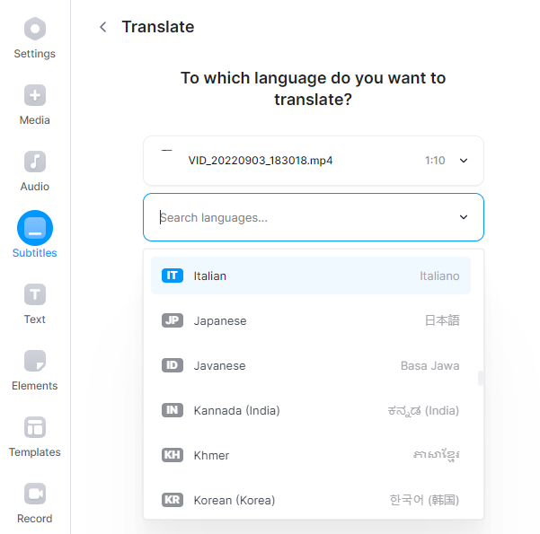 select languages on veed